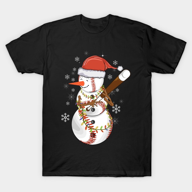 Christmas Snowman Playing Baseball for Baseball Fans Xmas T-Shirt by Sandra Holloman